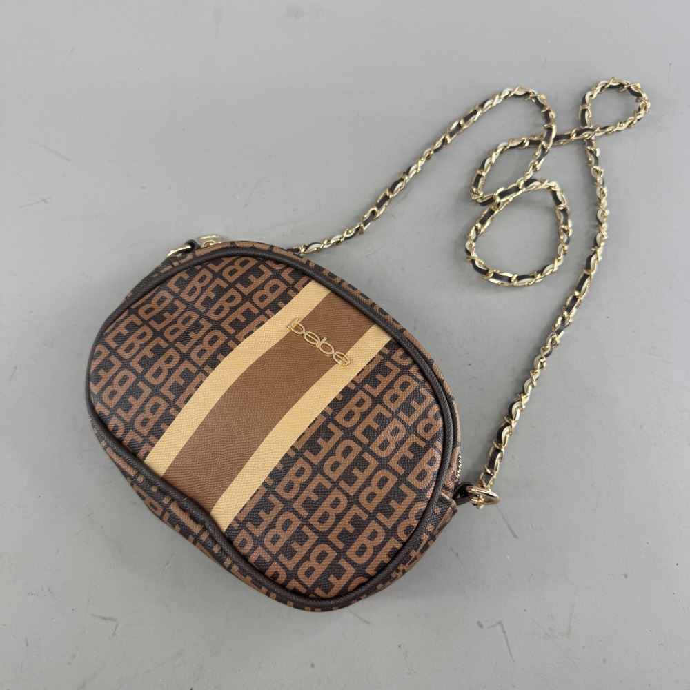 Bebe Womens Crossbody Bag Monogram Logo Print Chain Strap Brown Gold Small *READ